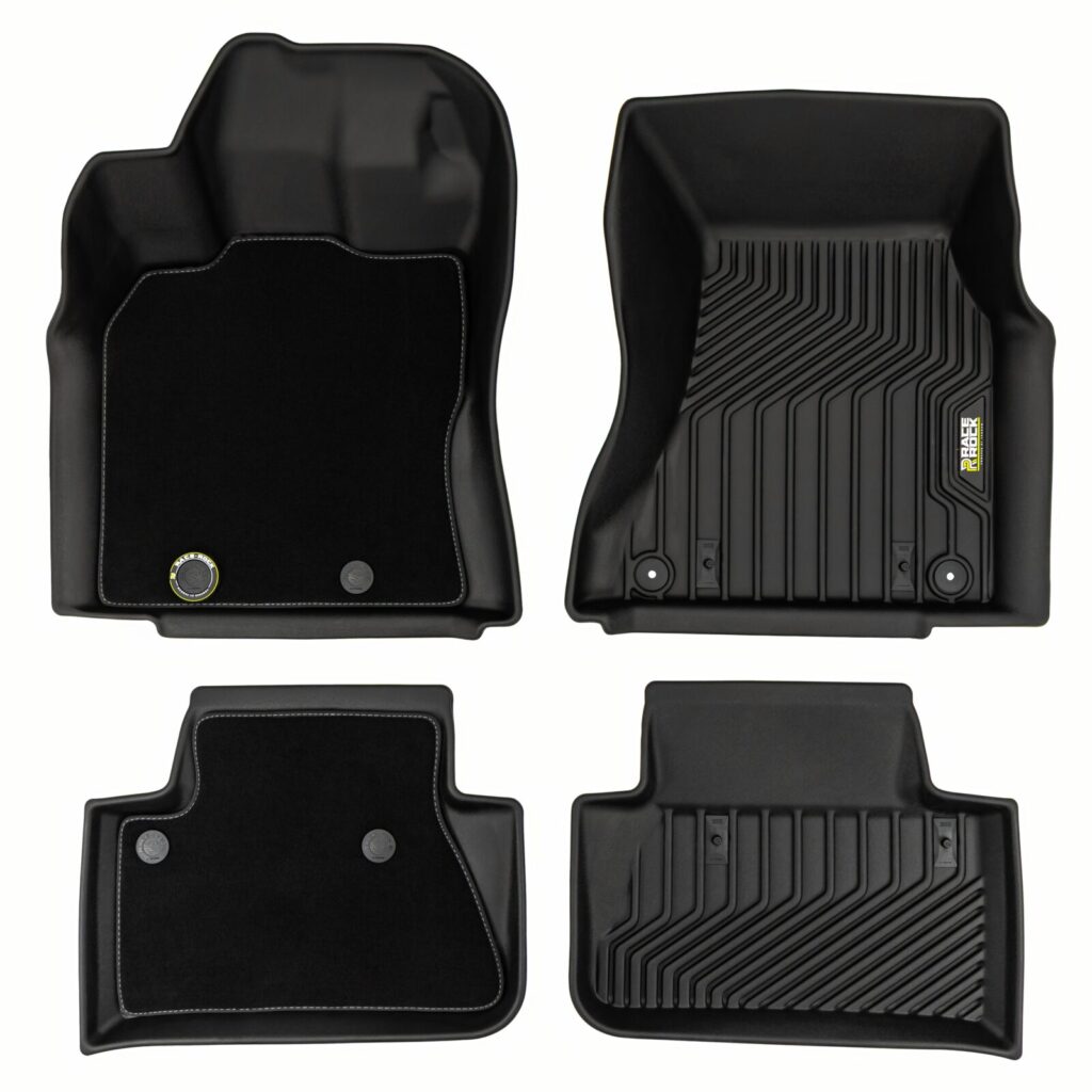 Dywaniki samochodowe 2w1 Race Rock wraz z zestawem wymiennych ringów i emblematów dopasowane do Porsche Macan I 2013-2024